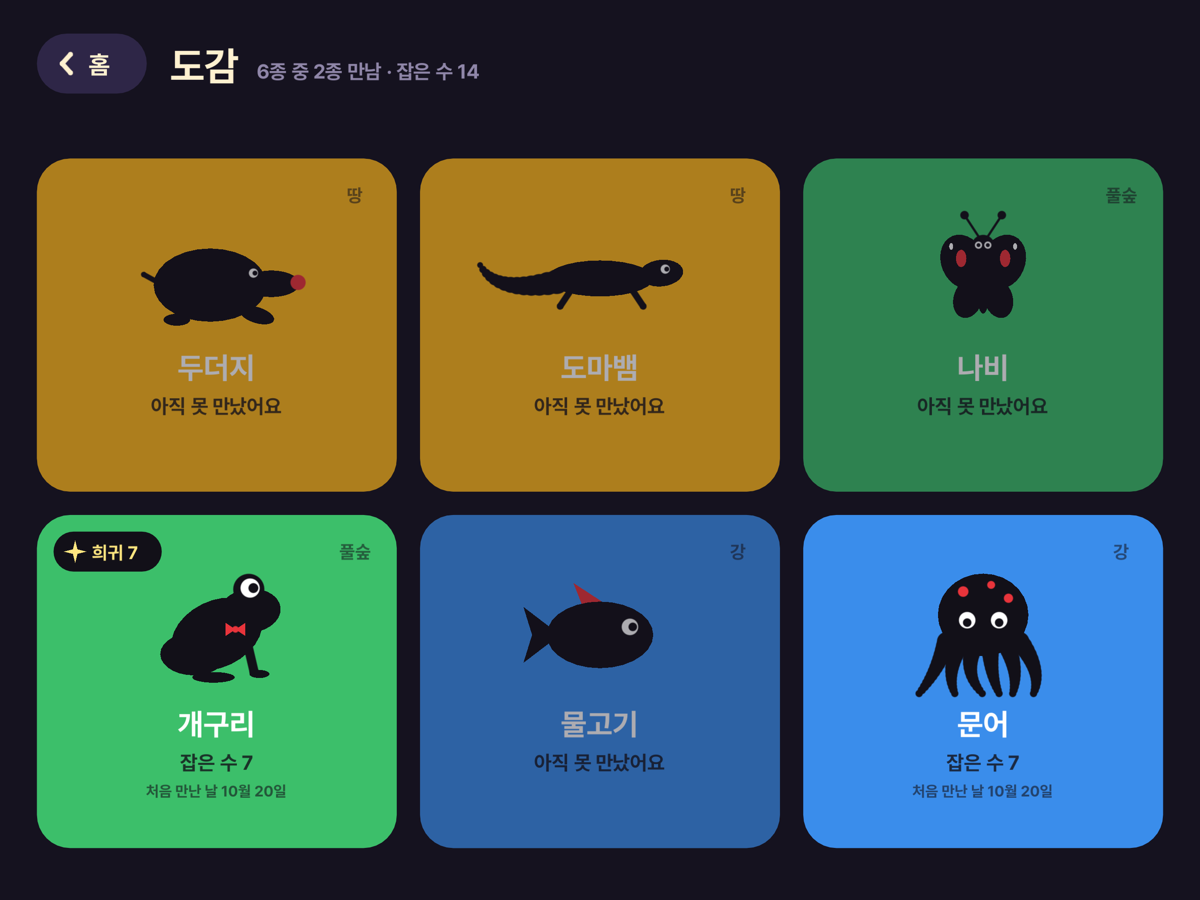 여섯 생물을 만난 날짜와 잡은 수로 모아 둔 도감